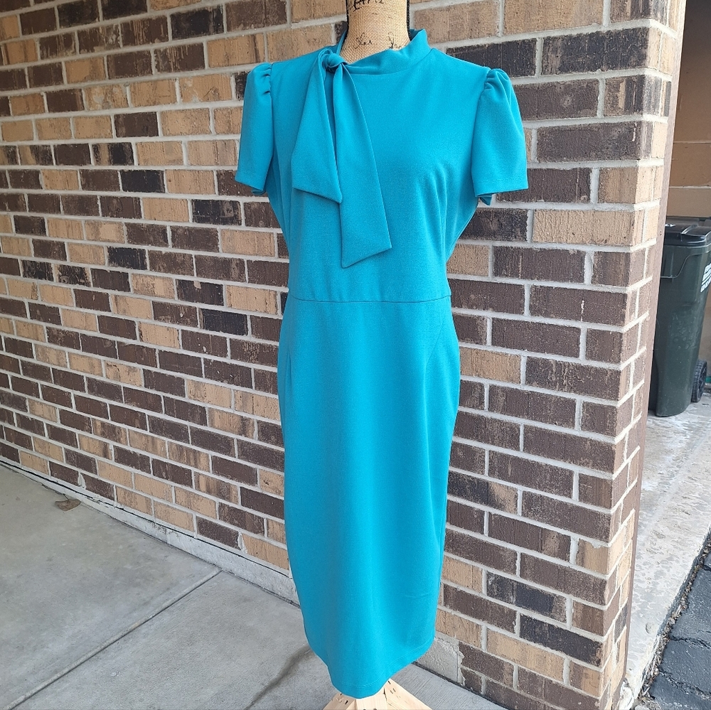 Maggy London Tie Neck Teal Dress - Picture 14 of 14